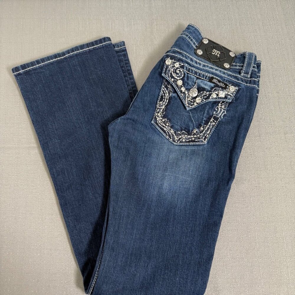 Miss Me Boot Cut Embellished Western Denim Blue Jeans Mid Rise Rodeo Women’s 29